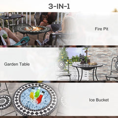 30" Wood Burning Fire Pit & Outdoor Ice Bucket Side Table, Steel, Lid, Mosaic