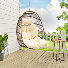 Hanging Egg Swing Chair, Outdoor Wicker Hammock Chairs Without Stand UV Resistant Cushion 350lbs for Patio, Patio Swing