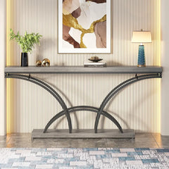 70.9 Inch Extra Long Console Table for Entryway, Gray Sofa Table with Wood Tabletop, Modern Accent Tables with Half-Moon Shape