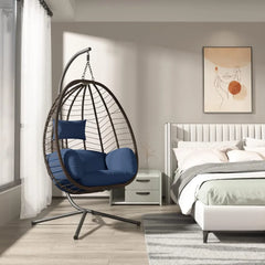 Egg Swing Chair Wicker Rattan Hanging Chair with Stand 350lbs Capacity W/Strong Frame & Dark Blue Cushions, Hammocks