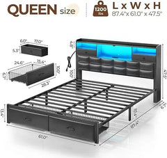 Queen Size Bed Frame with Drawers & Charging Station, Upholstered Platform Bed with LED Storage Headboard