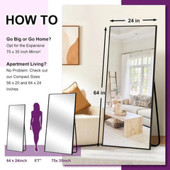 Full Length Mirror, Full Body Mirror, Floor Mirror with Aluminum Alloy Frame, Free Standing Mirror, Mirror Full Length Hanging