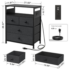 Nightstand with Charging Station, Bedside Table with 4 Drawers and 2-Tier Shelf, Modern End Table with Wooden Top for Bedroom,