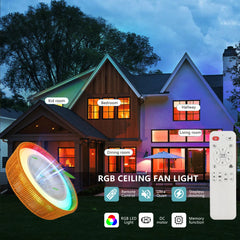 21" Modern Rustic Ceiling Fan Light with LED RGB Mood Lighting, Rope Woven Design, Quiet Fan, Semi Flush Mount for Bedroom