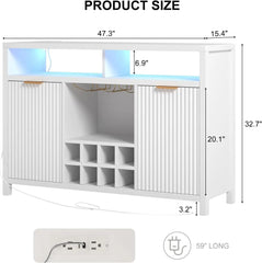 Fluted Home Bar Wine Cabinet with LED Light, Charging Station, Wine Rack - Buffet Cabinet with Storage, Coffee Bar Table