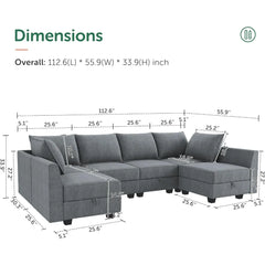 Bluish Grey U-Shaped Modular Sectional Sofa with Storage Seats – Convertible Sleeper Couch