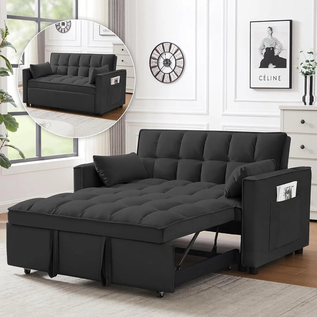 3-in-1 Convertible Sleeper Sofa Bed – Velvet Futon Couch with Adjustable Backrest & Side Pocket