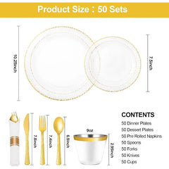 350PCS Clear Plastic Plates with Gold Trim for 50 Guests, Disposable Dinnerware Set for Party & Wedding, Includes 100 Plastic