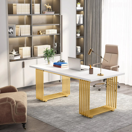 Tribesigns 70.9" Modern Office Desk, Wooden Computer Desk, White Executive Desk with Gold Metal Legs, Small Conference Table