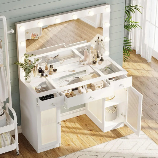 Vanity Makeup Desk with Mirror and Lights, Glass Top Vanity with 3 Color Lighting Modes & Power Outlet, Dressers for Bedroom