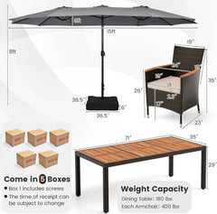 10Piece Patio Rattan Dining Set w/15Ft Double-Sided Umbrella, Outdoor Heavy Duty Acacia Wood Table & Stackable Wicker Chairs Set