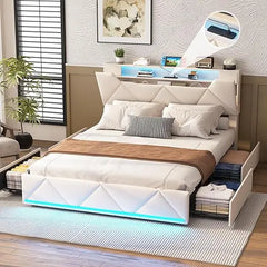 Vabches Queen Bed Frame with Storage Headboard and 4 Drawers,Upholstered Platform with Charging Station and Led Lights,Adjustabl