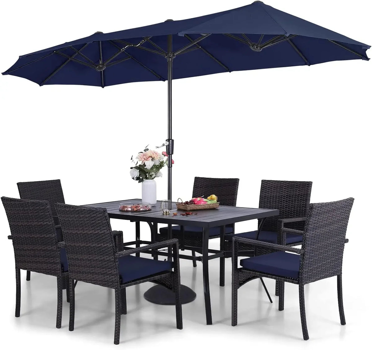 Patio Outdoor Table and Chairs Set with Umbrella Navy, Patio Dining Sets for 6, 7 Pieces Patio Table Set Clearanc