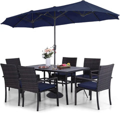 Patio Outdoor Table and Chairs Set with Umbrella Navy, Patio Dining Sets for 6, 7 Pieces Patio Table Set Clearanc