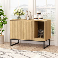 Cat Litter Box Enclosure, Fluted Hidden Litter Box Furniture with Scratch Pad and Metal Legs, Modern Enclosed Cat Cabinet