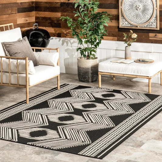 6' 7" x 9' Outdoor Tribal Geometric Area Rug, Stain Resistant, Weather Resistant, High Traffic, Patio, Balcony, Outside,