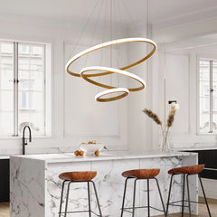 Modern LED Chandelier for High Ceiling, Dimmable 3-Ring Gold Pendant Light with Remote Flush Mount Ceiling Light for Living Room