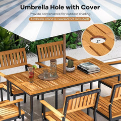 7 Piece Outdoor Dining Set for 6, Wood Rectangular Dining Table & 6 Armchairs w/Metal Frame, Umbrella Hole, Dining Furniture Set