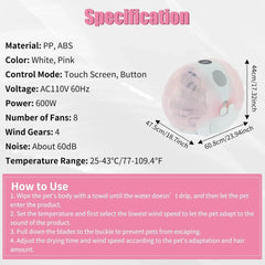Foldable Smart Pet Dryer Box, Automatic Pet Dryer Small Dog Drying Box with 8 Fan 4 Speed, Cat Hair Blow 360° Ultra Quiet