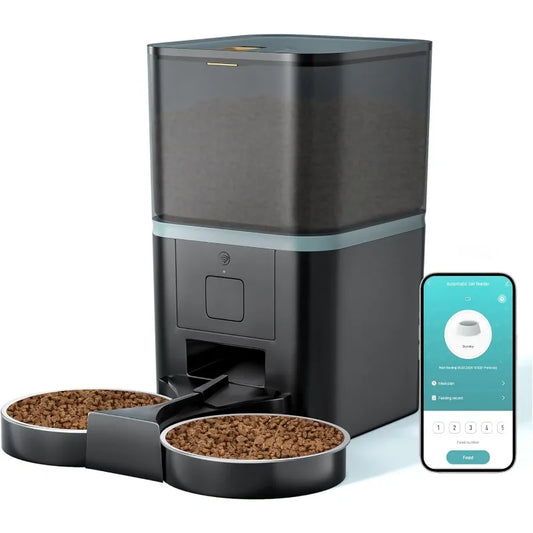 Automatic Cat Feeder, App Control Feeder Automatic for 2 Cats, Voice Recorder WiFi Pet Feeders Dual Power Supply,