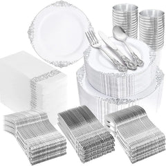 700PCS Plastic Disposable Tableware Set for 100 Guest - 200 Disposable Plates, 300 Plastic Silverware, 100 Cups, 100 Napkins
