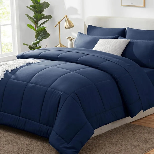 CozyLux California King Size Comforter Set Blue - 7 Pieces Bed in a Bag Set Navy Blue, Bedding Sets Cal King with All Season Qui