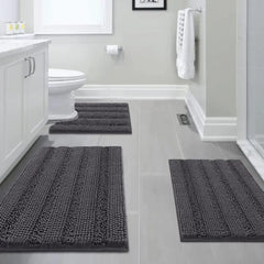 3 Piece Bathroom Rugs Sets Thick Striped Bath Rugs Set for Bathroom Non Slip Soft Absorbent Bath Mat Set for Tub