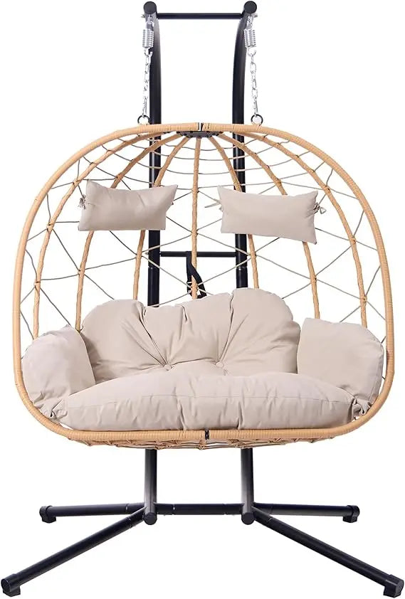 2 Person Egg Swing Chair with Stand - Indoor/Outdoor Hammock Chair & Hanging Egg Chair | Rattan Wicker, UV Resistant Cushion & P