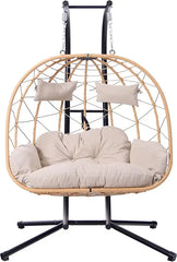 2 Person Egg Swing Chair with Stand - Indoor/Outdoor Hammock Chair & Hanging Egg Chair | Rattan Wicker, UV Resistant Cushion & P