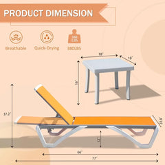 Outdoor Lounge Chairs Set of 3, 5 Position Adjustable Backrest, Including 2 Outdoor Chaise Lounge