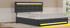 LED Bed Frame with 4 Drawers & USB Charging Station, Upholstered Platform Queen Size Bed with LED Headboard & Footboard