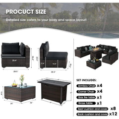 10 Piece Patio Furniture Set with 42In Fire Pit Table， Outdoor Furniture Sets Rattan Sectional Couch Outdoor Chairs