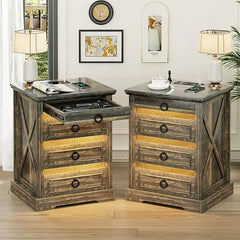 Bedside Table Set of 2 with Charging Station, LED Night Stand with Gun Drawer, Farmhouse Nightstands for Bedroom, End Table Rust