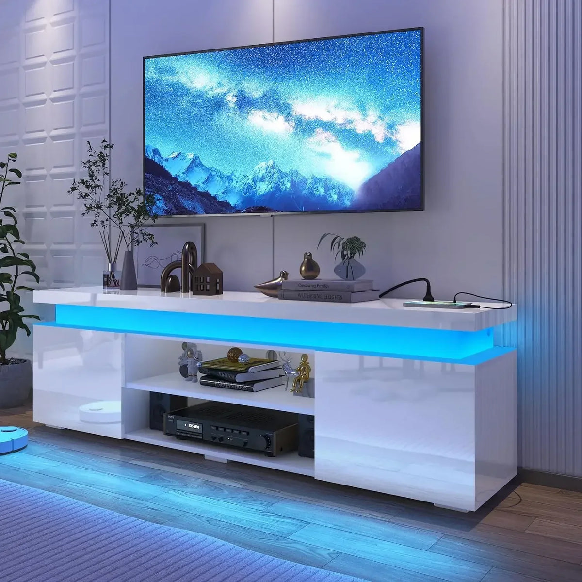 Modern Gaming TV Stand with RGB LED Lights & Power Outlet – 74” High Gloss Entertainment Center