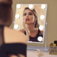 Lighted Vanity Mirror with Bluetooth Speaker & Wireless Charging, 3 Color Modes, 9 Dimmable Bulbs