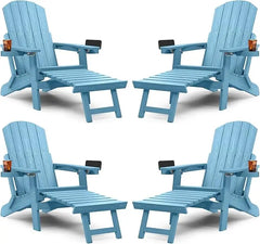 Adirondack Chair with Ottoman Set of 4, Adjustable Backrest Adirondack Chairs, Folding Outdoor Fire Pit Chair with 2 Cup-Holders