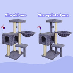 Multifunction Cat Tree with Cozy Hammock & Hanging Ball, Cat Tower with Activity Cat Condo Jute-Covered Scratching Posts, Grey