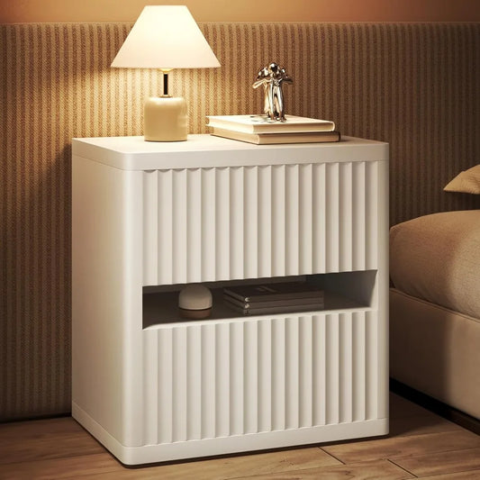 Fluted Nightstand with 2 Drawers, Large Wide Wood Night Stand Bedside Tables for Bedroom, Mid-Century Modern Storage Bed Side T