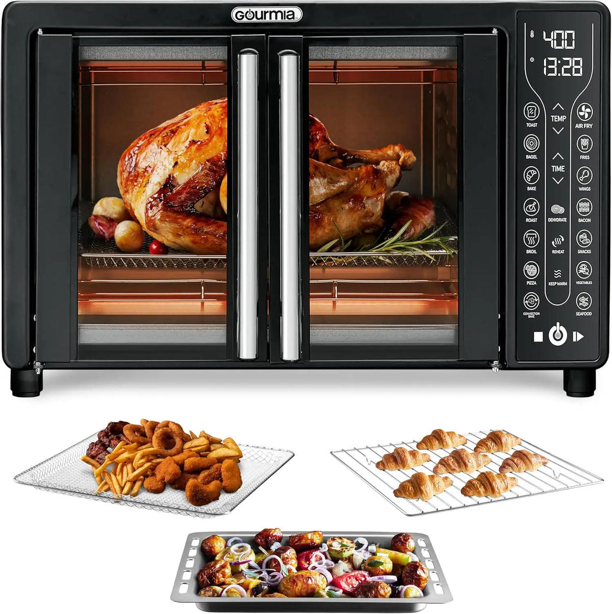 Oven Air Fryer Combo 17 cooking presets 1700W french door digital air fryer oven 24L capacity accessories, convection rack