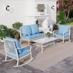 4 Piece Metal Outdoor Patio Furniture Set, Patio Conversation Sets 2-Seater Sofa, 2 Single Sofa and Coffee Table