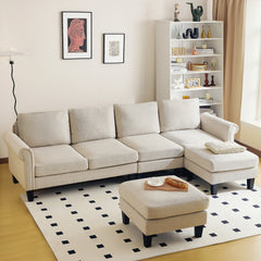 Redlife 108" Sectional Sofa w/ Chaise Living Room Sofa Convertible 4 Seat L-Shape Sofa Set Fabric Sectional Couch w/ Two Ottoman