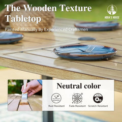 HERA'S HOUSE Outdoor Dining Table for 6, Rectangular Metal Patio Table with Umbrella Hole, 6-Person Weather Resistant Wood-Like