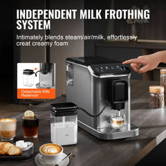 SucceBuy Automatic Espresso Machine Coffee Latte Machine with Color Touch Screen 15 Grinding Levels and Removable Milk Reservoir