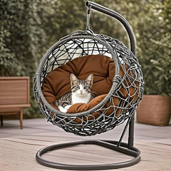 Cat Swing Bed with Stand & Cushion - Rattan Wicker Egg Chair Hanging Pet Bed for Cats, Small Dogs, and AnimalsKey improvements