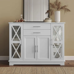 Sideboard Buffet, 47 Inch Storage Console Table Coffee Bar Kitchen Cupboard Pantry Glass Display Cabinet for Lving Entryway
