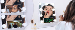 Lighted Vanity Mirror with Bluetooth Speaker & Wireless Charging, 3 Color Modes, 9 Dimmable Bulbs