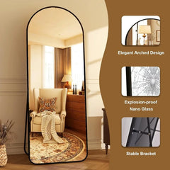 64"x21" Arched Full Length Mirror Floor Mirrors with Aluminum Alloy Frame Free-Standing Wall Mounted or Leaning Large Bedroom