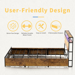 Queen Bed Frame with Storage Headboard and 4 Drawers Bed Frame Queen Size with Charging Station LED Lights Metal