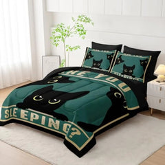 Cute Cat Comforter Set 7Pcs Cartoon Cat Kawaii Bedding Set Twin Size 3D Black Cat Bedroom Decor Chic Animal Sheet Sets for Wom