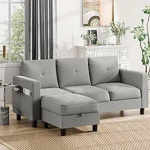 Sectional Sofa Couch Convertible L Shaped Sofas with Storage Ottoman Small Sectional Couches for Living Room, 3 Seater Couch wit